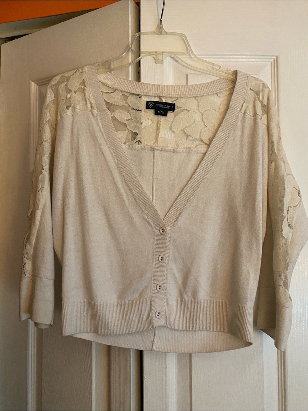 American Eagle Cream Lace-Back Button Front Women's Sweater- size medium
